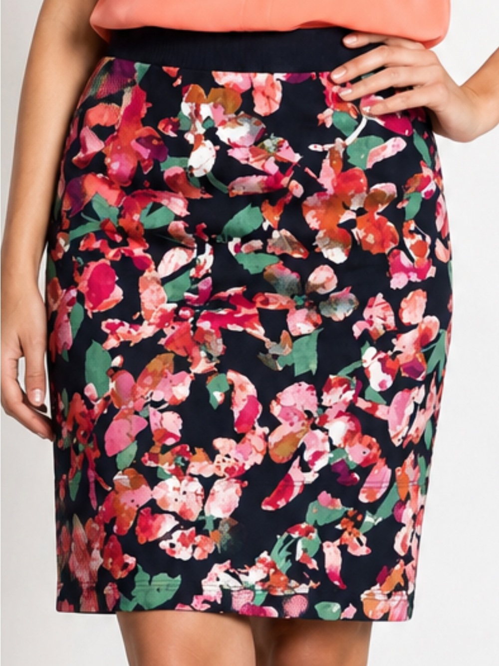 Ann Taylor Floral Pencil Skirt in Navy with Pink & Green Accents